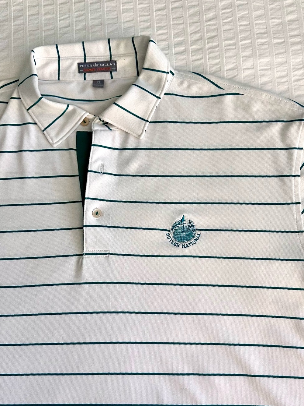 Peter Millar Butler National Summer Comfort white and green stripe golf shirt XL
